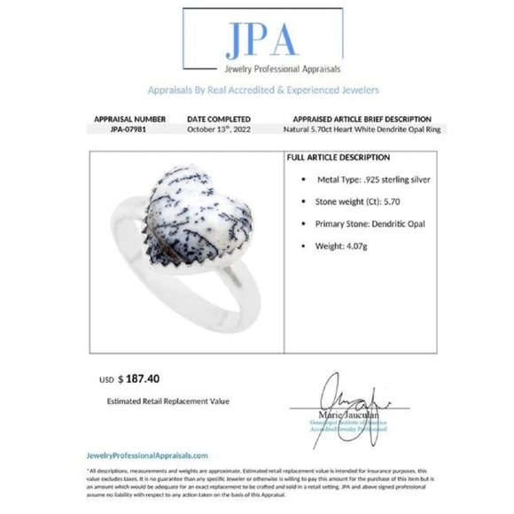 Estate NIB- Natural White Dendrite Opal Sterling Silver Heart Ring (APPRAISED) - Picture 12 of 12